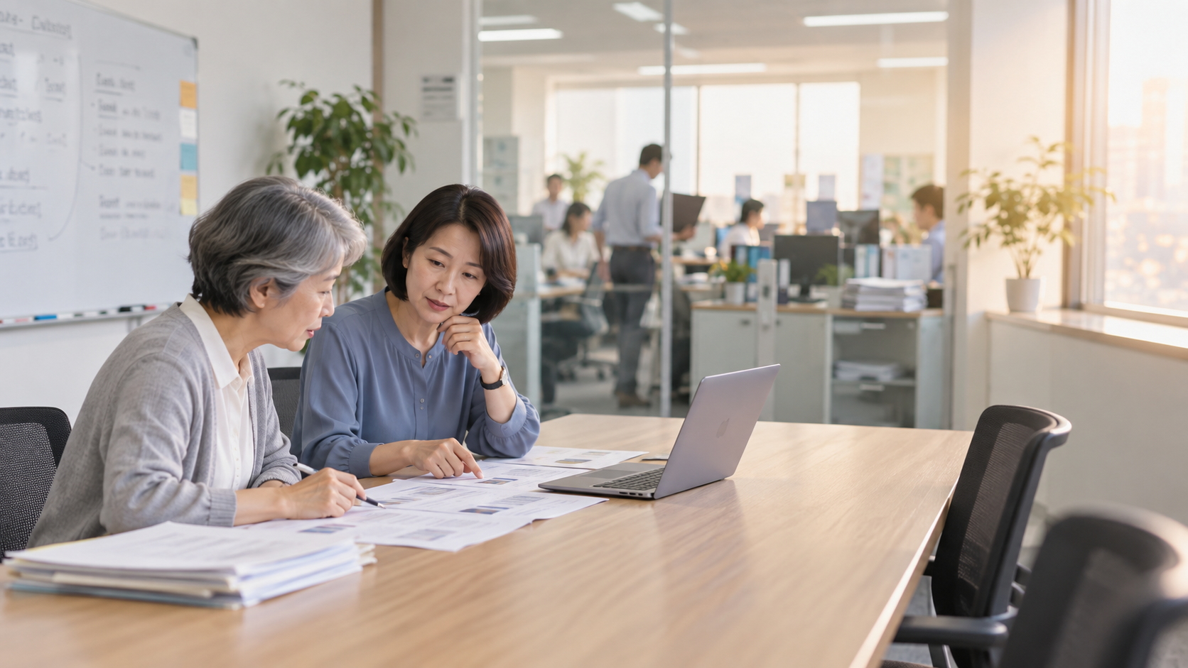 50代後半の日本人女性が小会議室での打ち合わせをしている場面