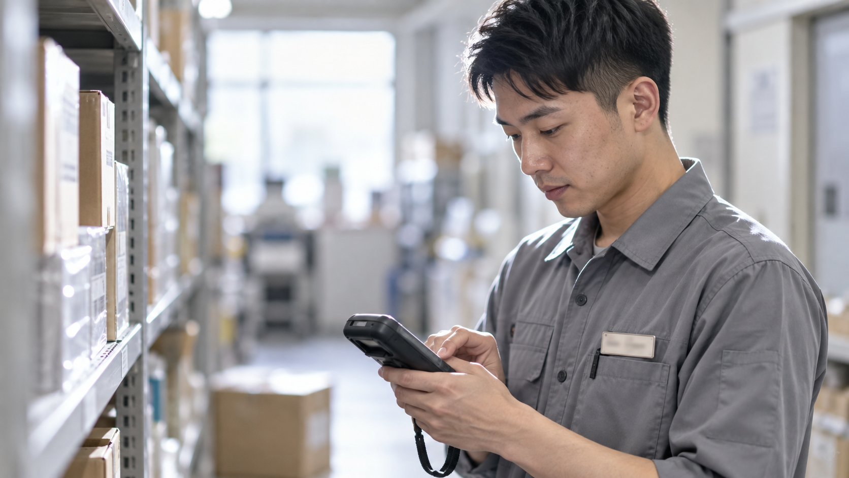20代後半の日本人男性が店舗バックヤードの棚卸をしている場面
