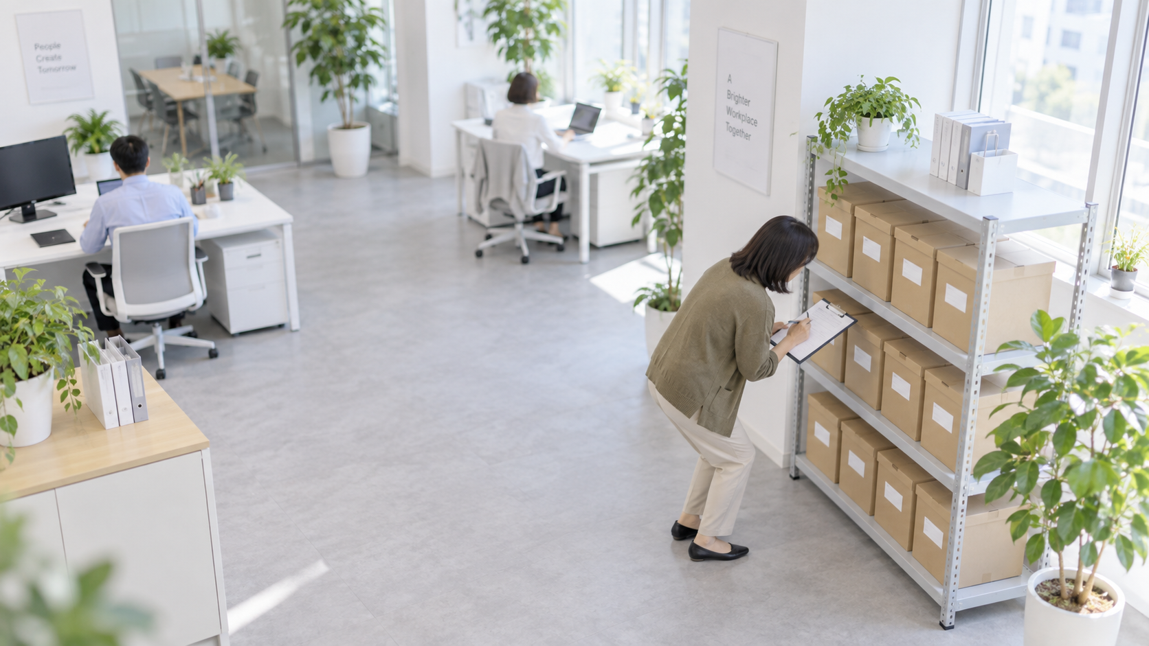 40代後半の日本人女性が備品棚の棚卸をしている場面