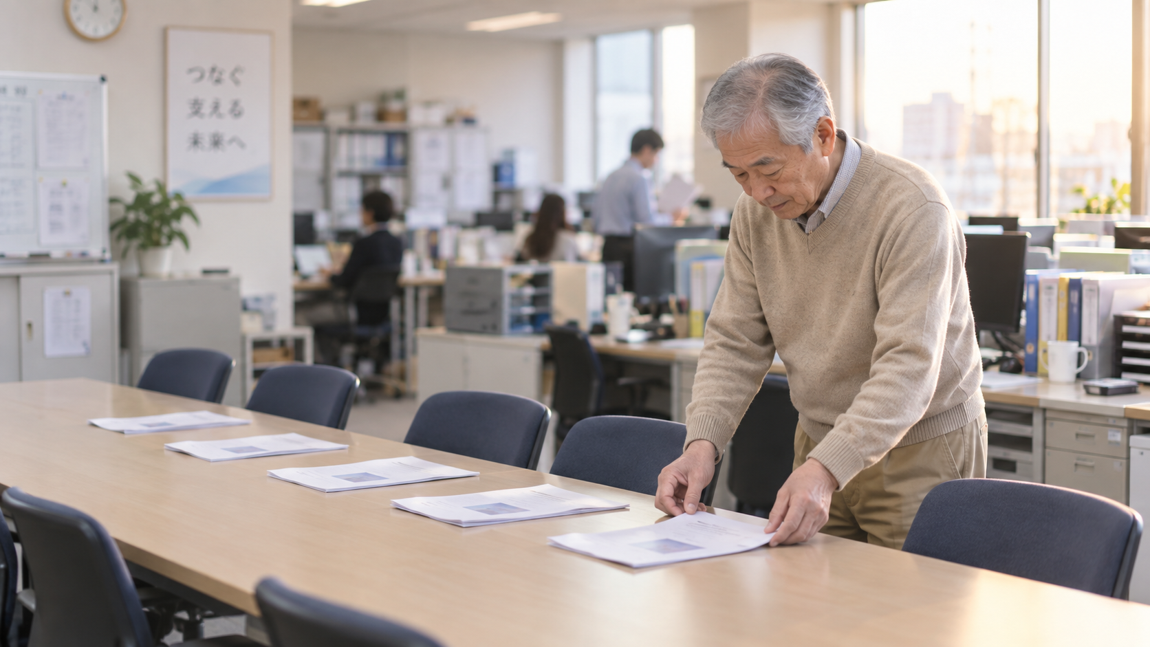 60代前半の日本人男性が会議室の準備をしている場面