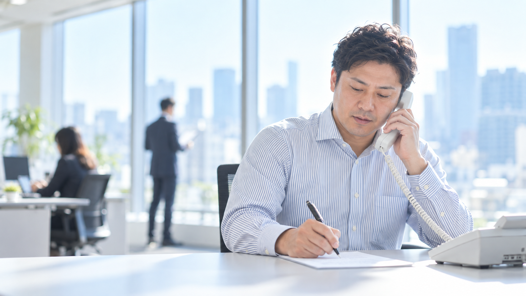30代後半の日本人男性が電話での問い合わせ対応をしている場面