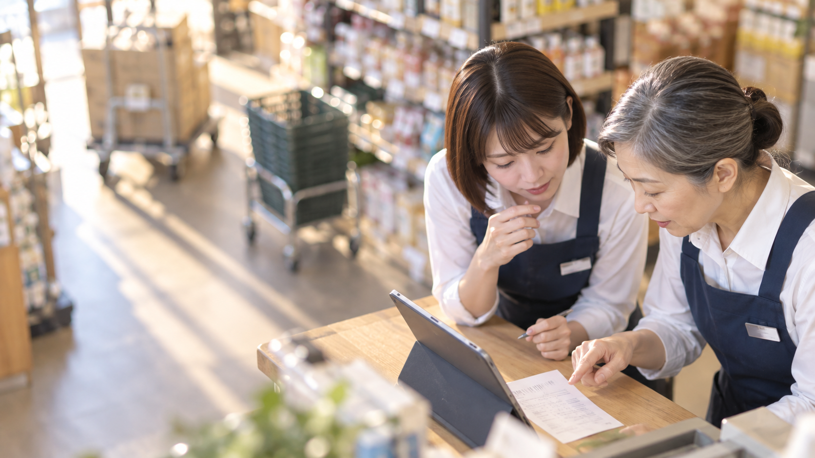 50代後半の日本人女性が店舗カウンターでの受注をしている場面