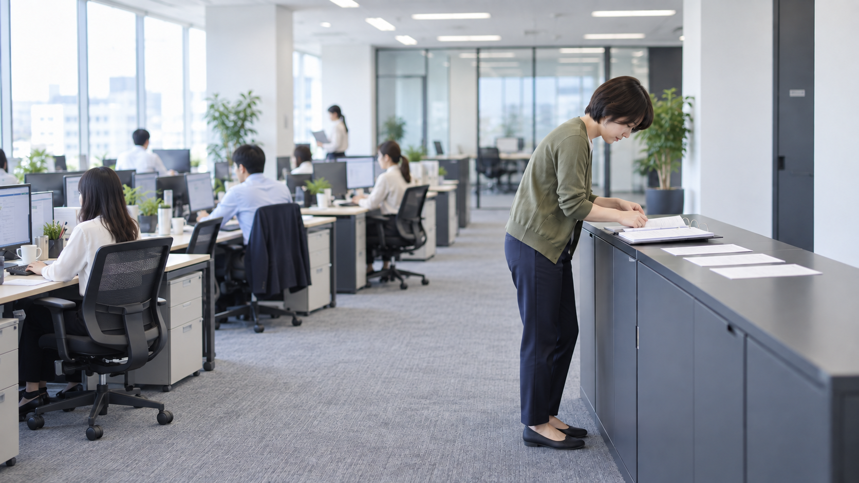 40代前半の日本人女性が発送控えのファイリングをしている場面