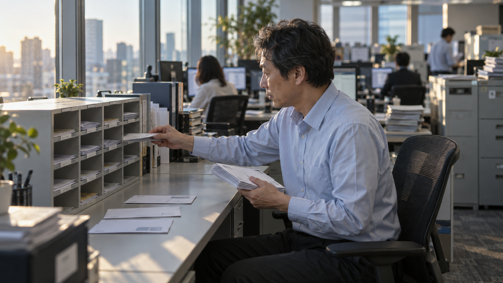 40代後半の日本人男性が郵便物の仕分けをしている場面