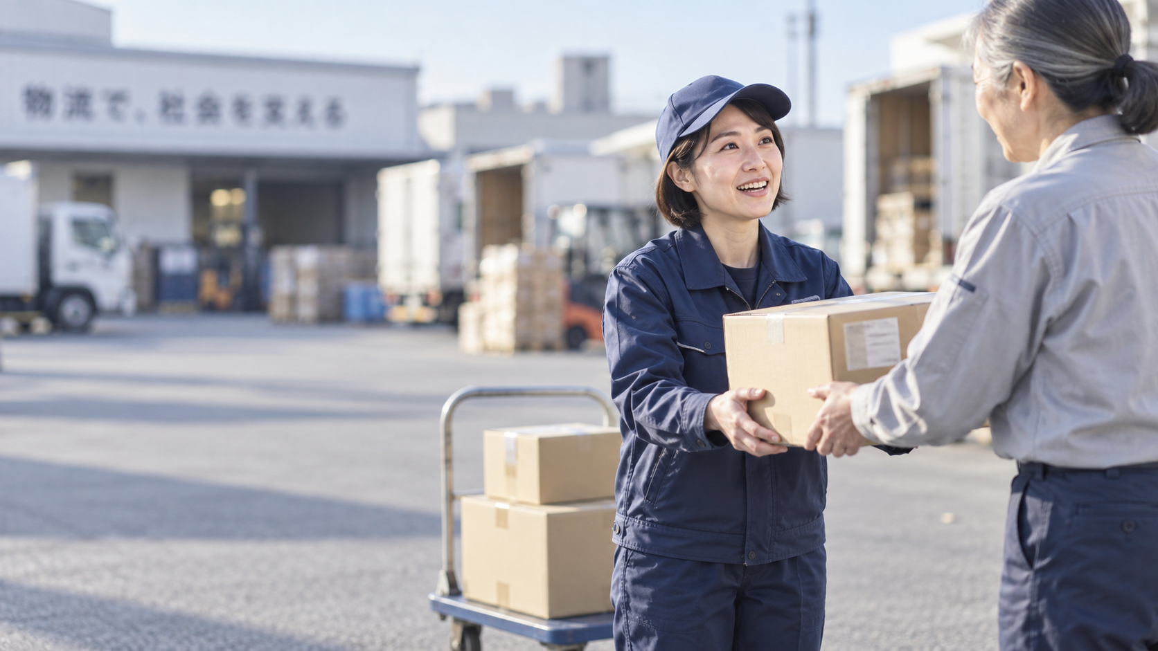 30代後半の日本人女性が建物前での荷物の受け取りをしている場面