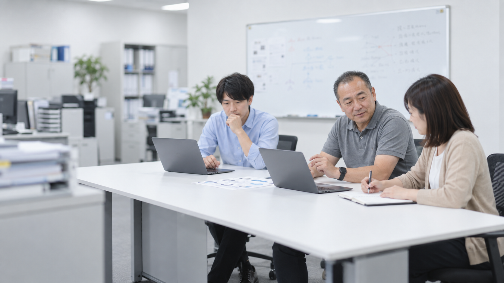 50代前半の日本人男性が会議室の全景をしている場面