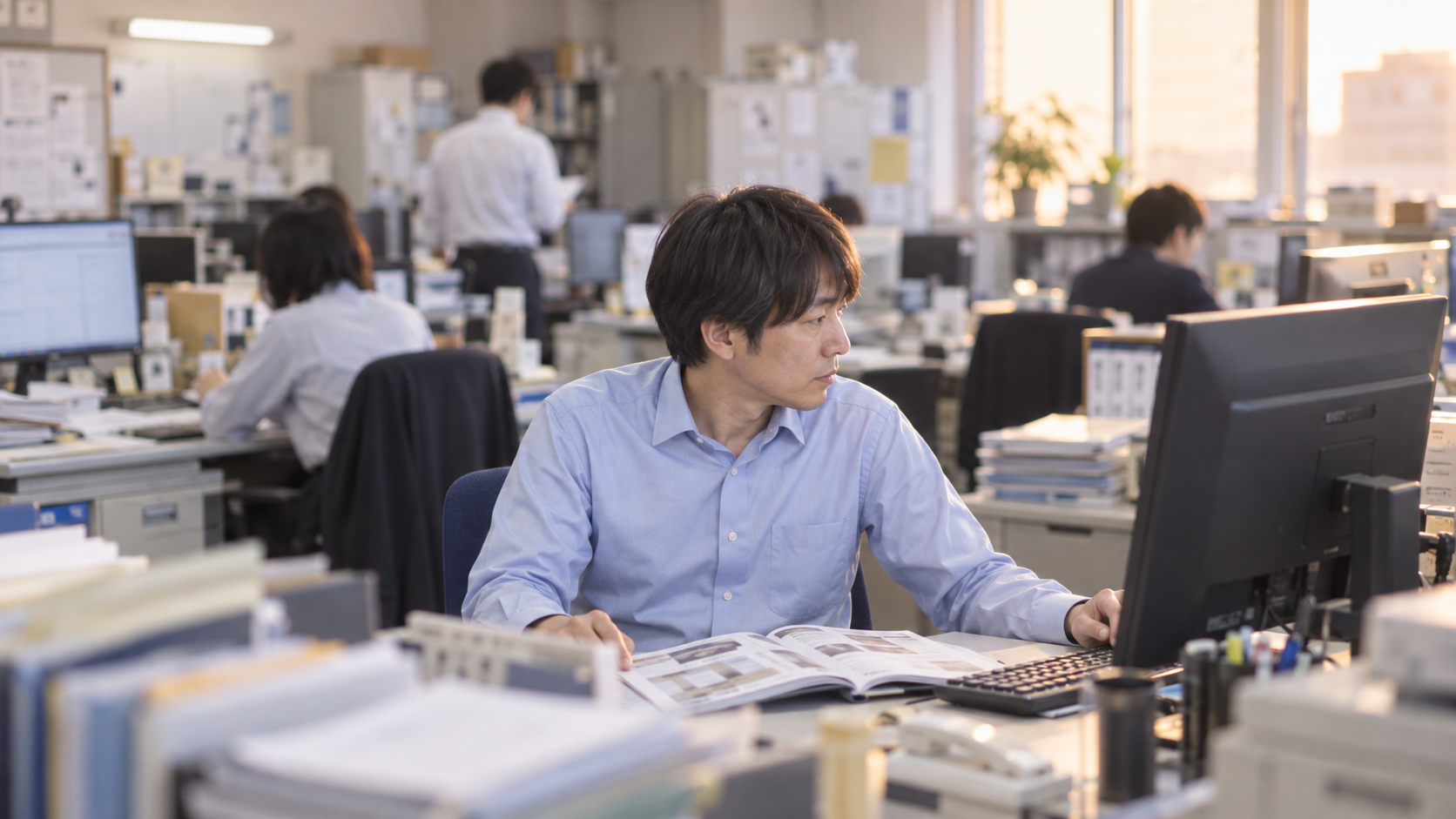 40代前半の日本人男性が発注画面の操作をしている場面
