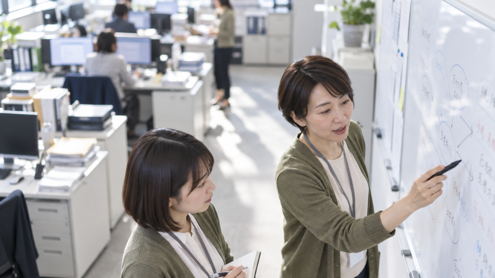40代前半の日本人女性がホワイトボードでの説明をしている場面