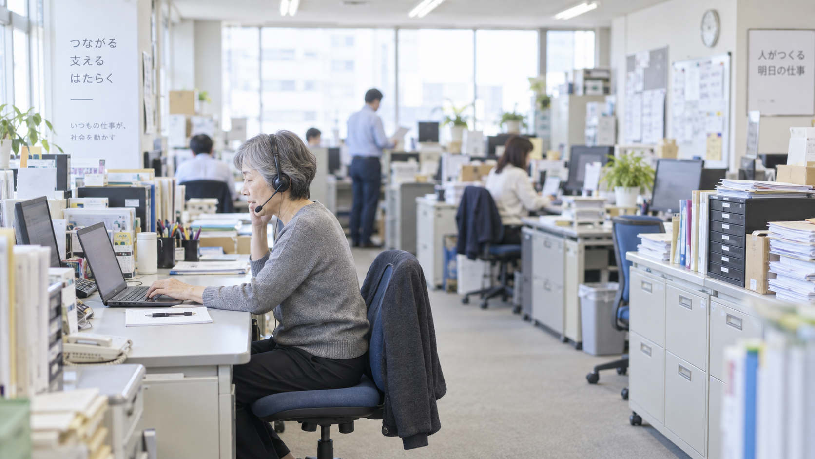 50代後半の日本人女性がオンライン会議への参加をしている場面