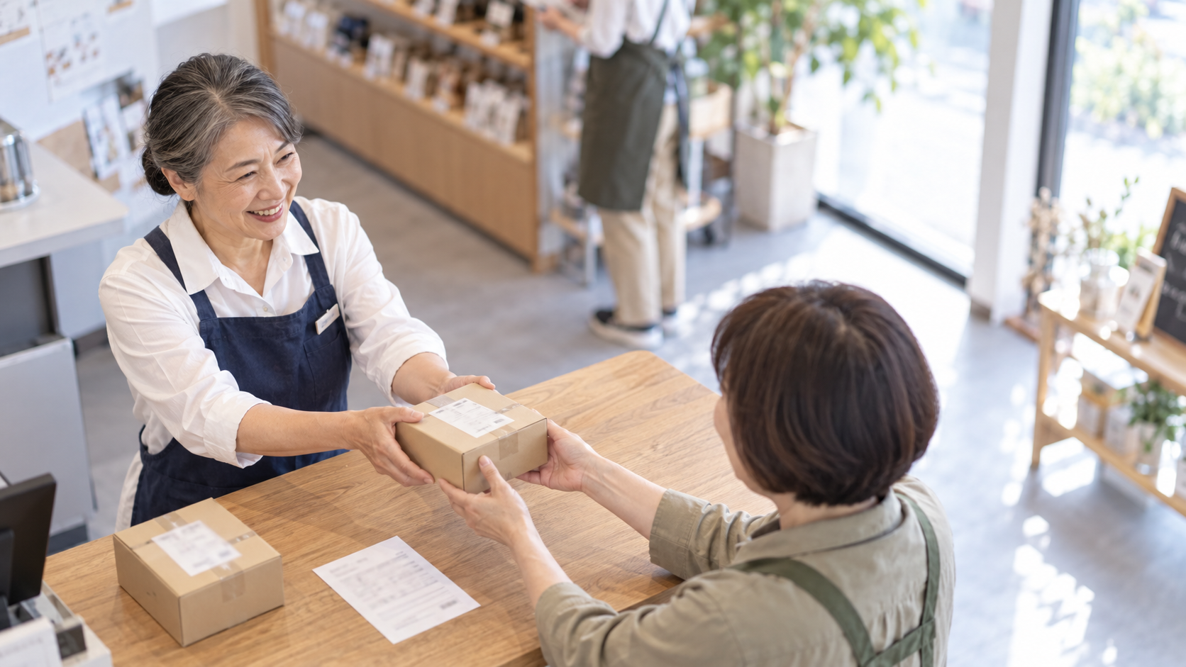50代前半の日本人女性が商品の受け渡しをしている場面
