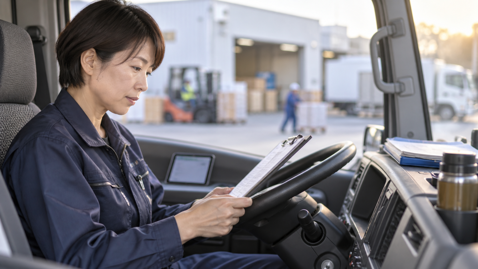 40代前半の日本人女性が停車中の車内での伝票確認をしている場面
