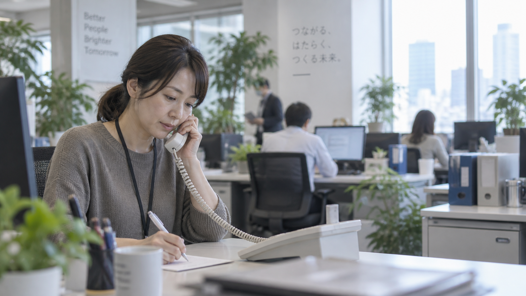 30代後半の日本人女性が電話での問い合わせ対応をしている場面