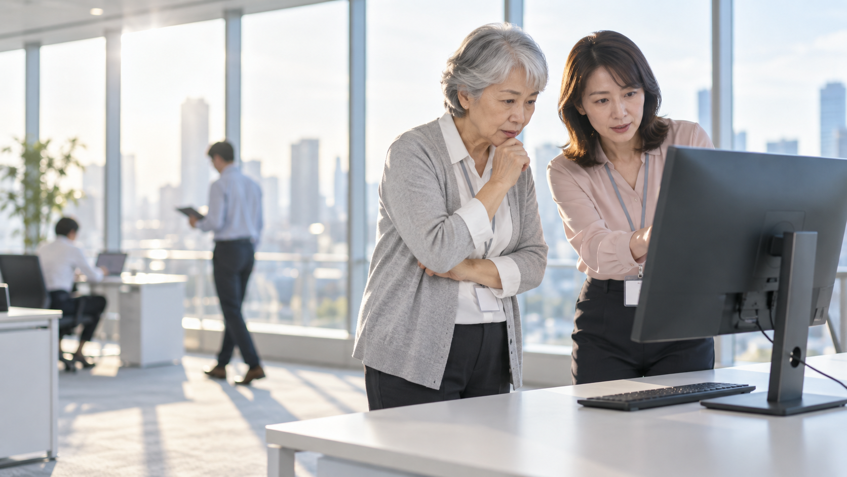 60代前半の日本人女性が二人で画面を覗くをしている場面