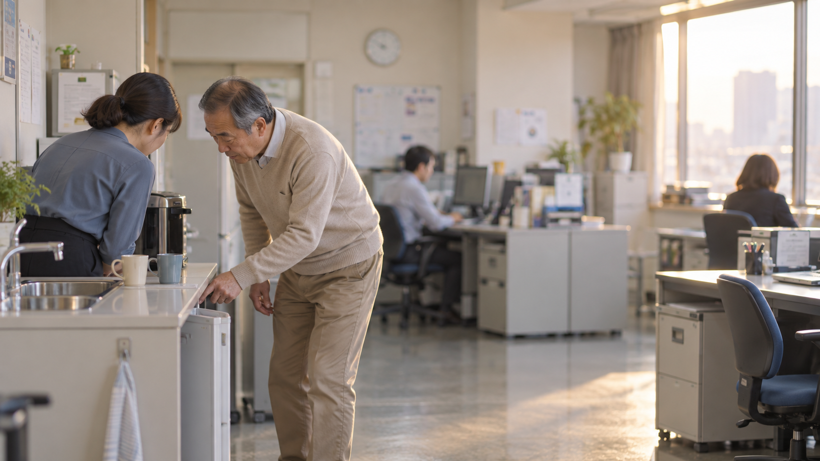 60代前半の日本人男性が給湯スペースでの短い相談をしている場面