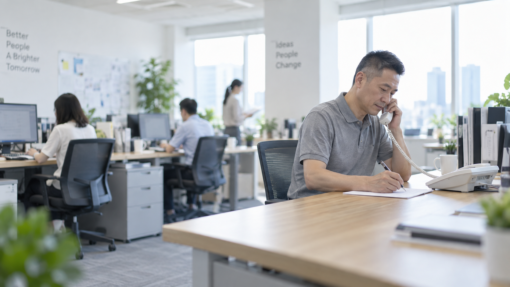 40代後半の日本人男性が電話での問い合わせ対応をしている場面