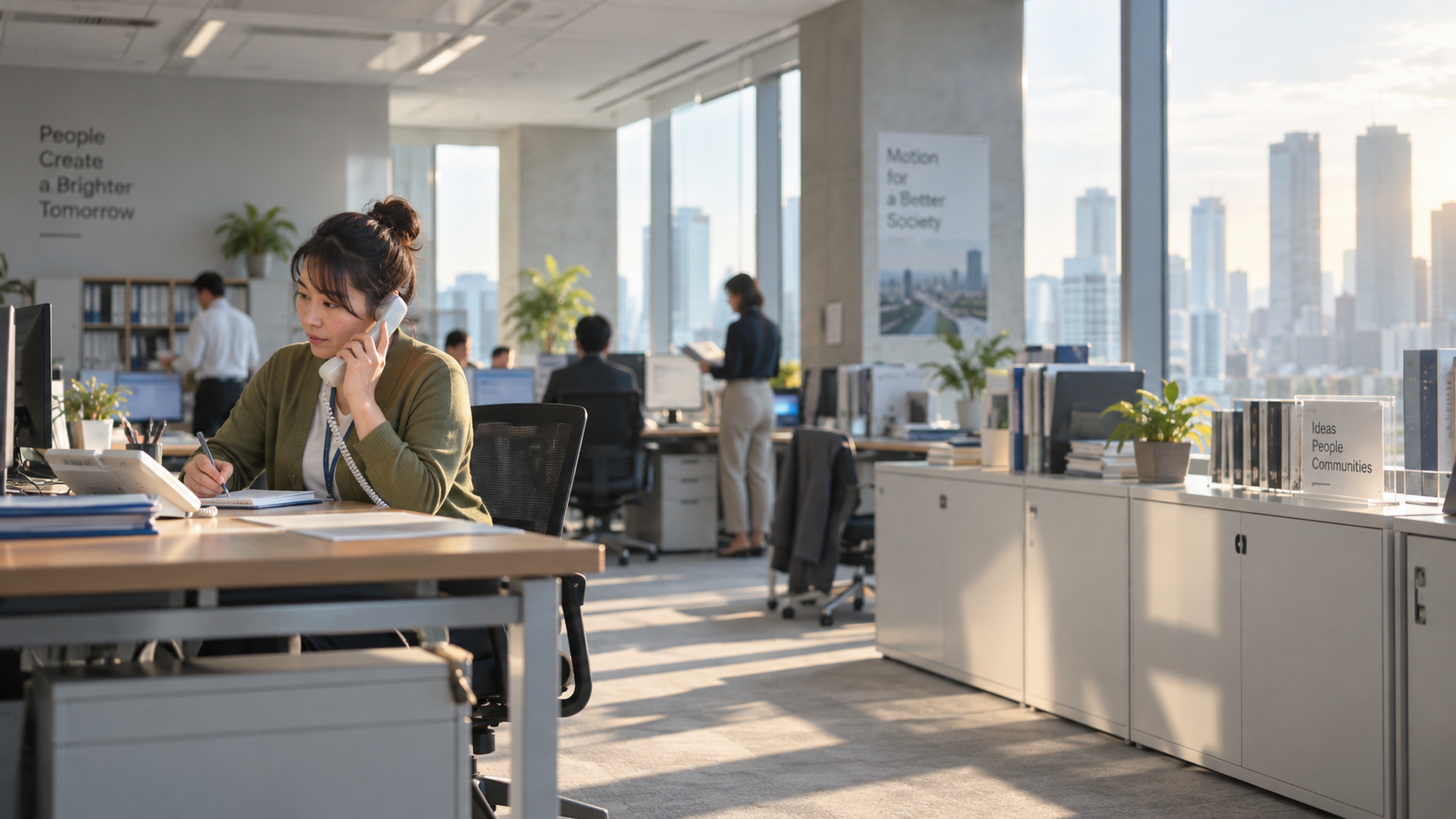 30代前半の日本人女性が電話での問い合わせ対応をしている場面