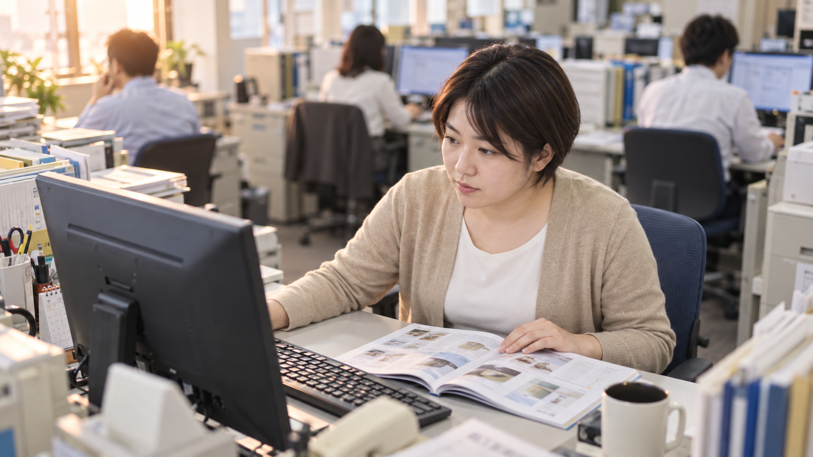 30代前半の日本人女性が発注画面の操作をしている場面