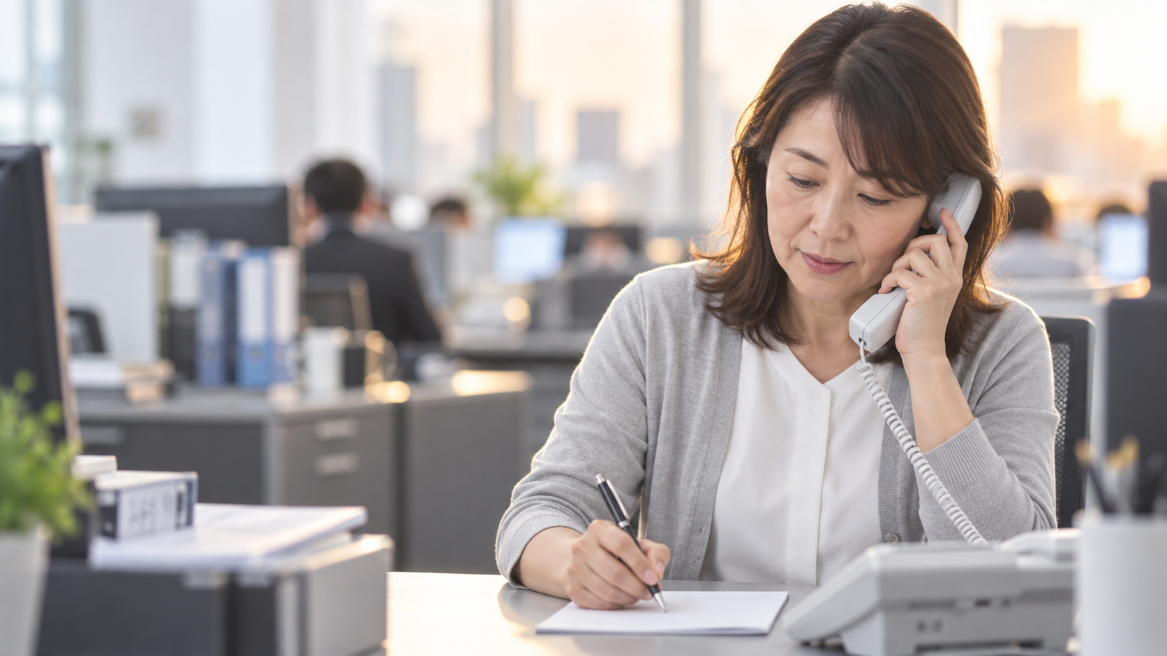 40代後半の日本人女性が電話での問い合わせ対応をしている場面
