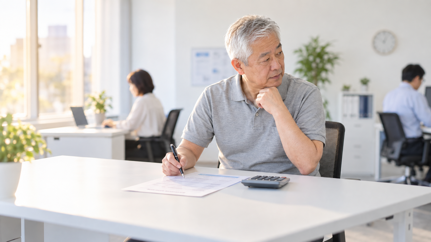 60代前半の日本人男性が見積書の照合をしている場面