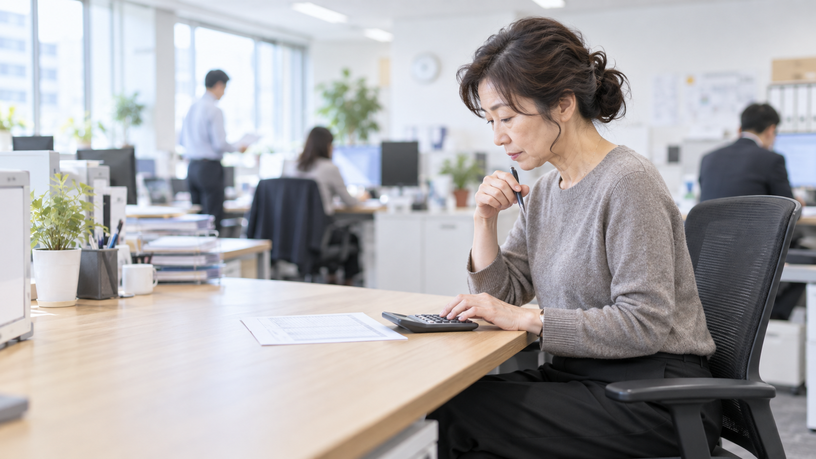 50代前半の日本人女性が見積書の照合をしている場面