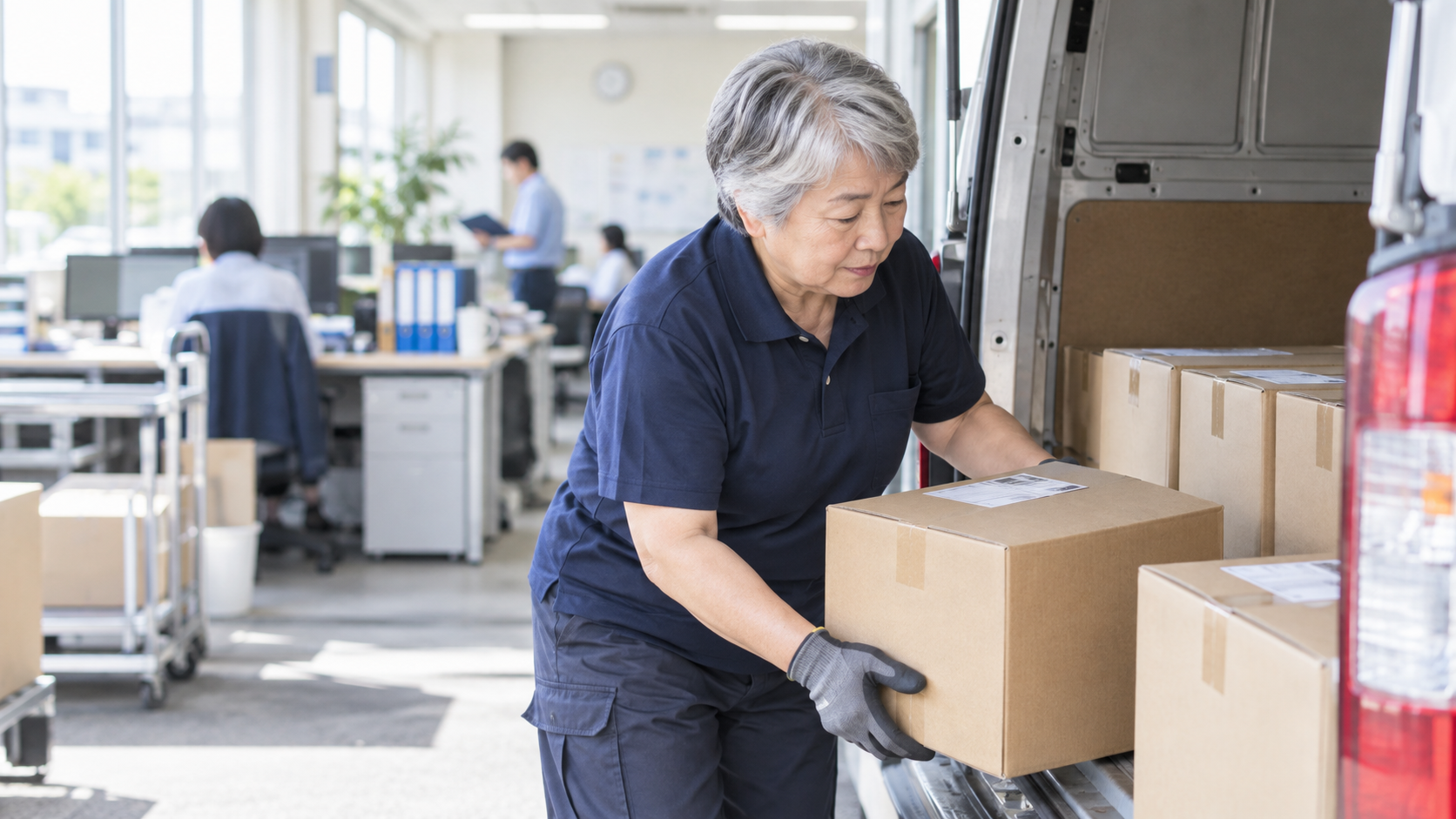 60代前半の日本人女性が配送前の積み込みをしている場面