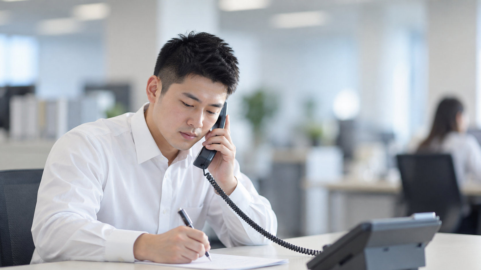 20代前半の日本人男性が電話での問い合わせ対応をしている場面