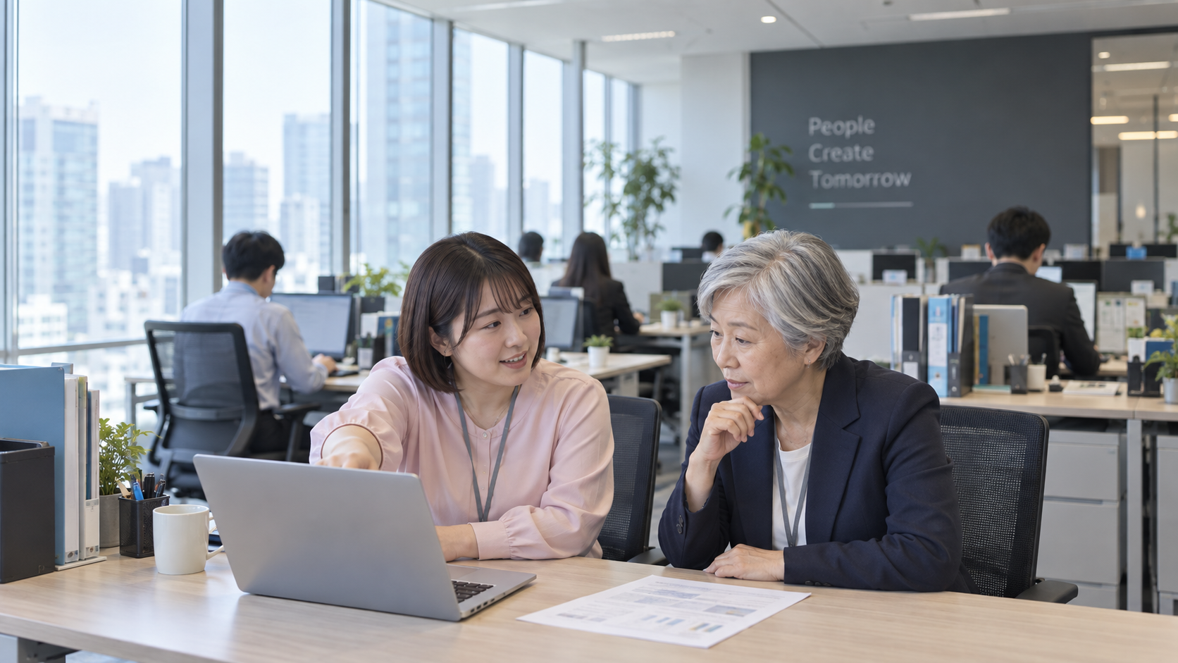 20代前半の日本人女性が手順の指導をしている場面