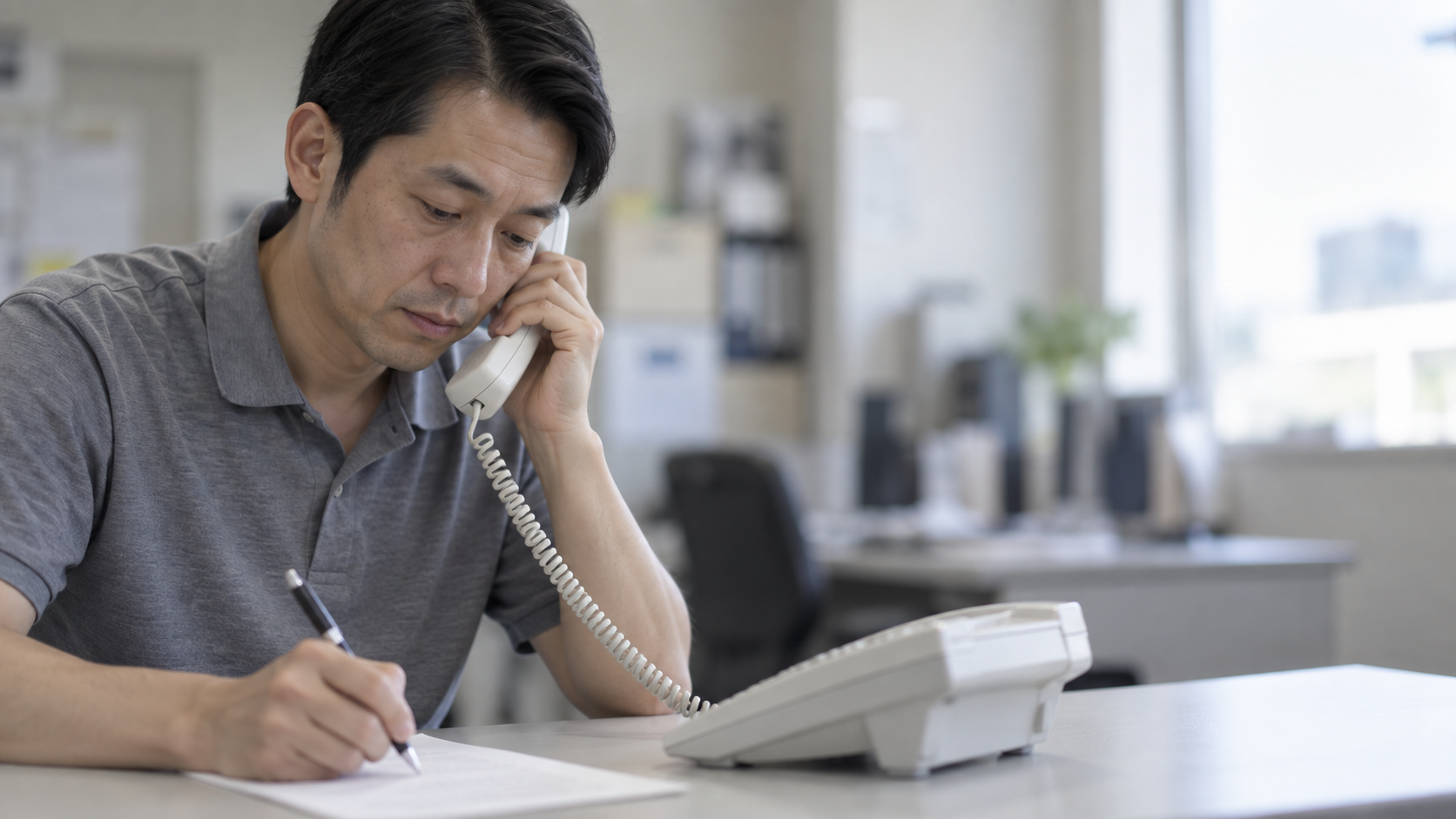 40代前半の日本人男性が電話での問い合わせ対応をしている場面