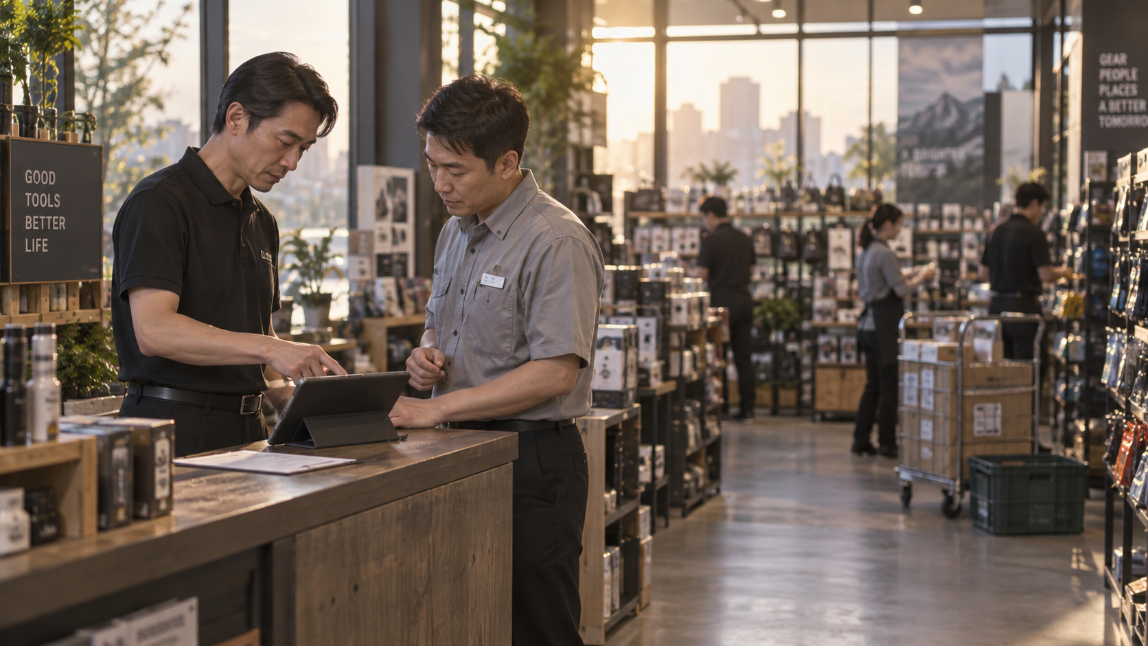 40代前半の日本人男性が店舗カウンターでの受注をしている場面
