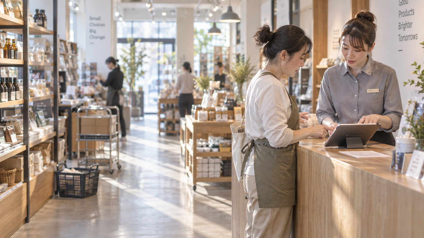 30代前半の日本人女性が店舗カウンターでの受注をしている場面