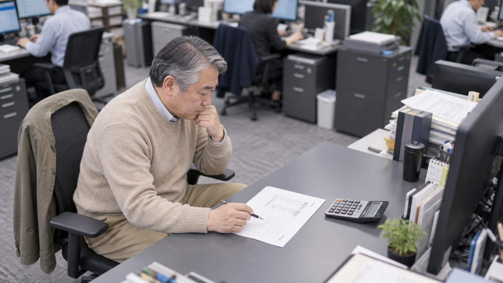 50代後半の日本人男性が見積書の照合をしている場面