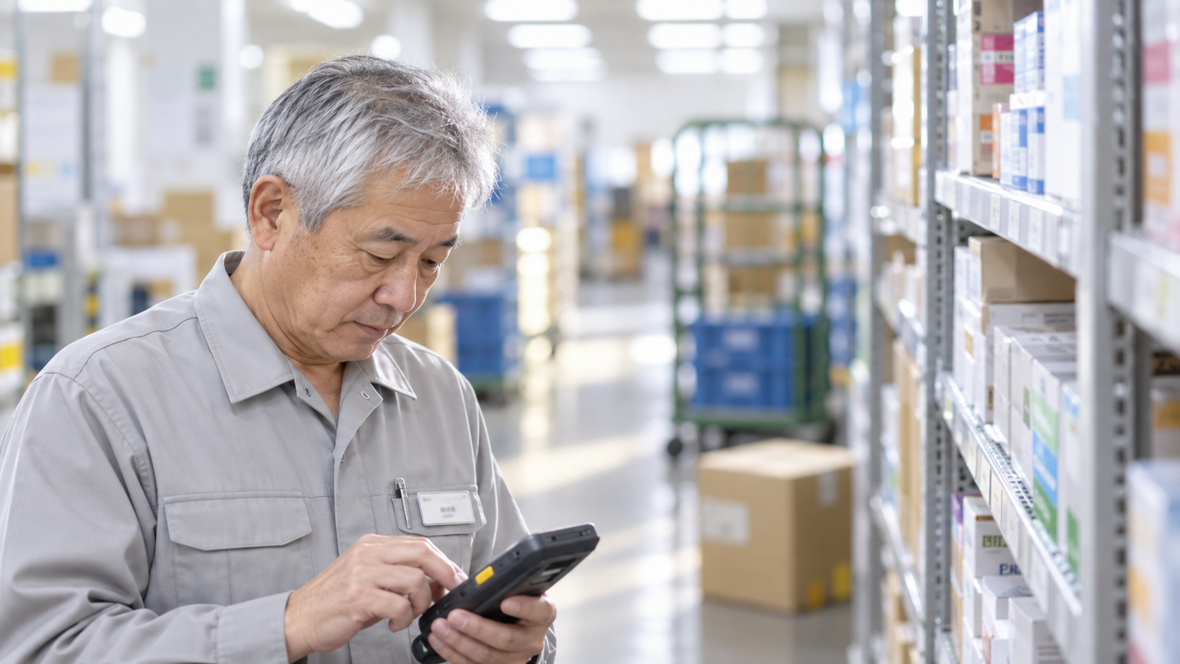 60代前半の日本人男性が店舗バックヤードの棚卸をしている場面