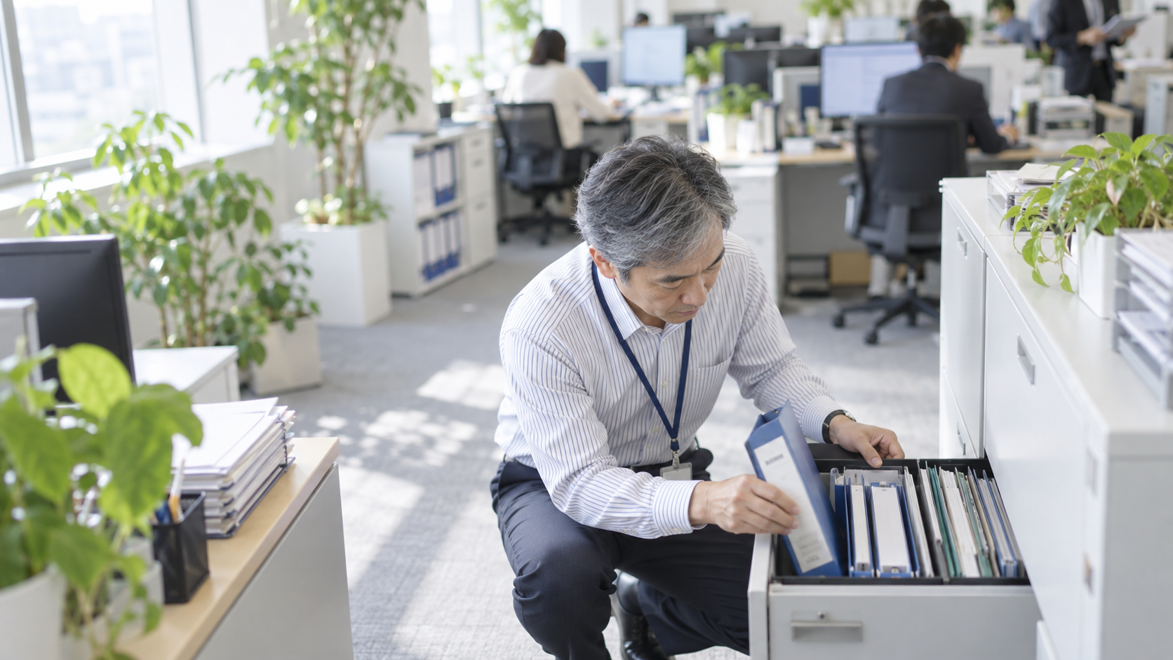 50代前半の日本人男性がキャビネットからの取り出しをしている場面
