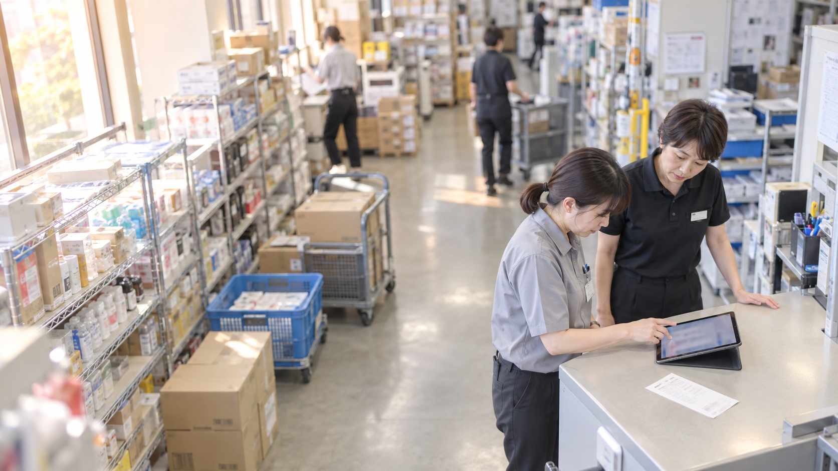30代後半の日本人女性が店舗カウンターでの受注をしている場面