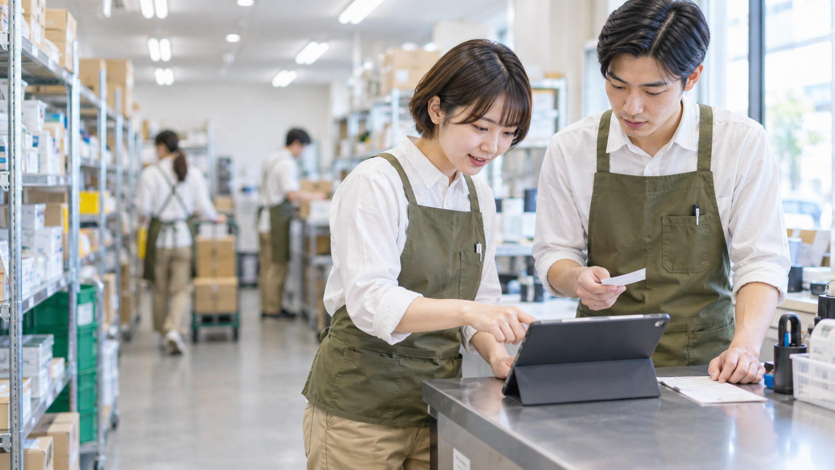 20代前半の日本人女性が店舗カウンターでの受注をしている場面