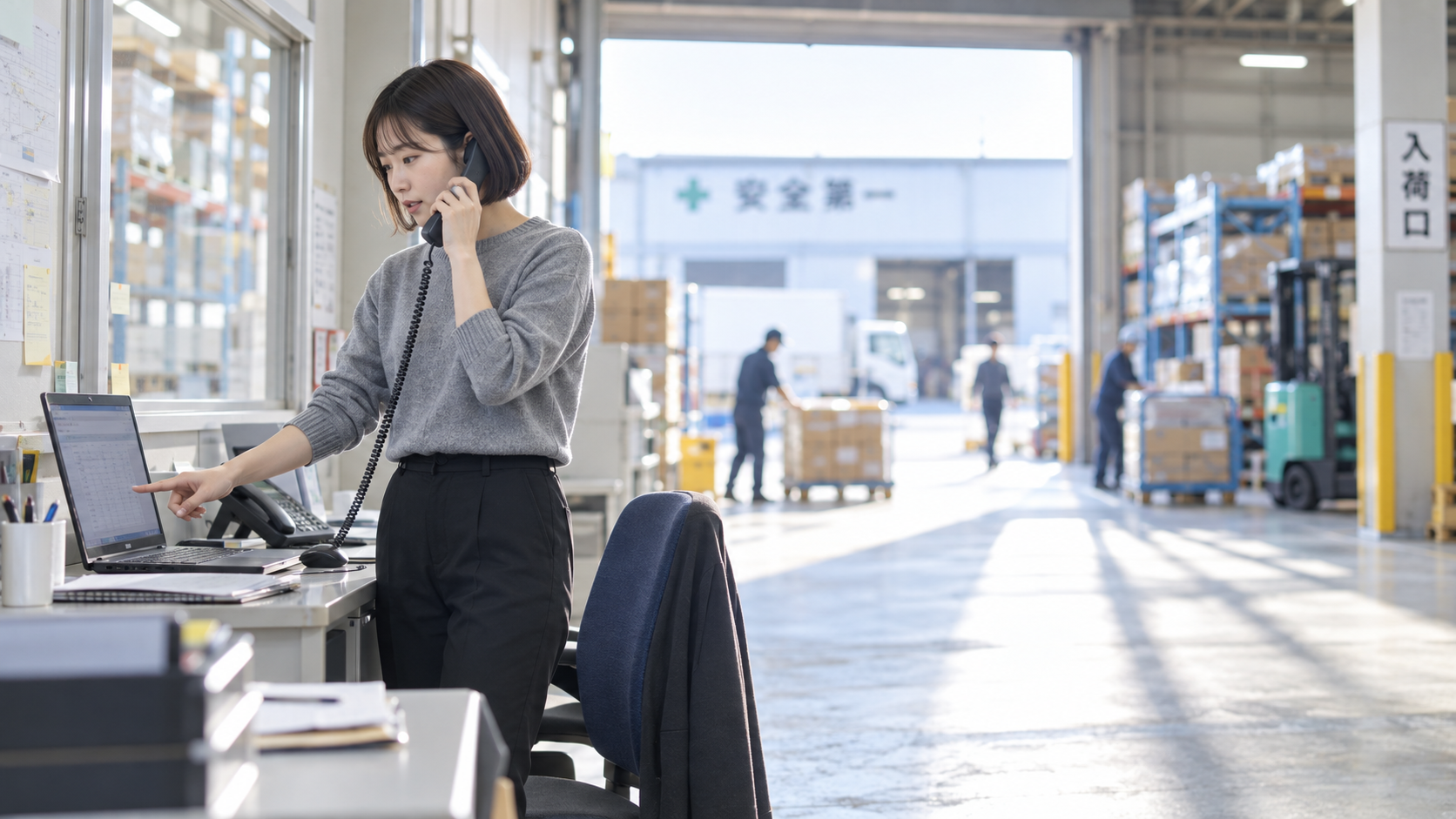 20代後半の日本人女性が倉庫事務所での受注対応をしている場面
