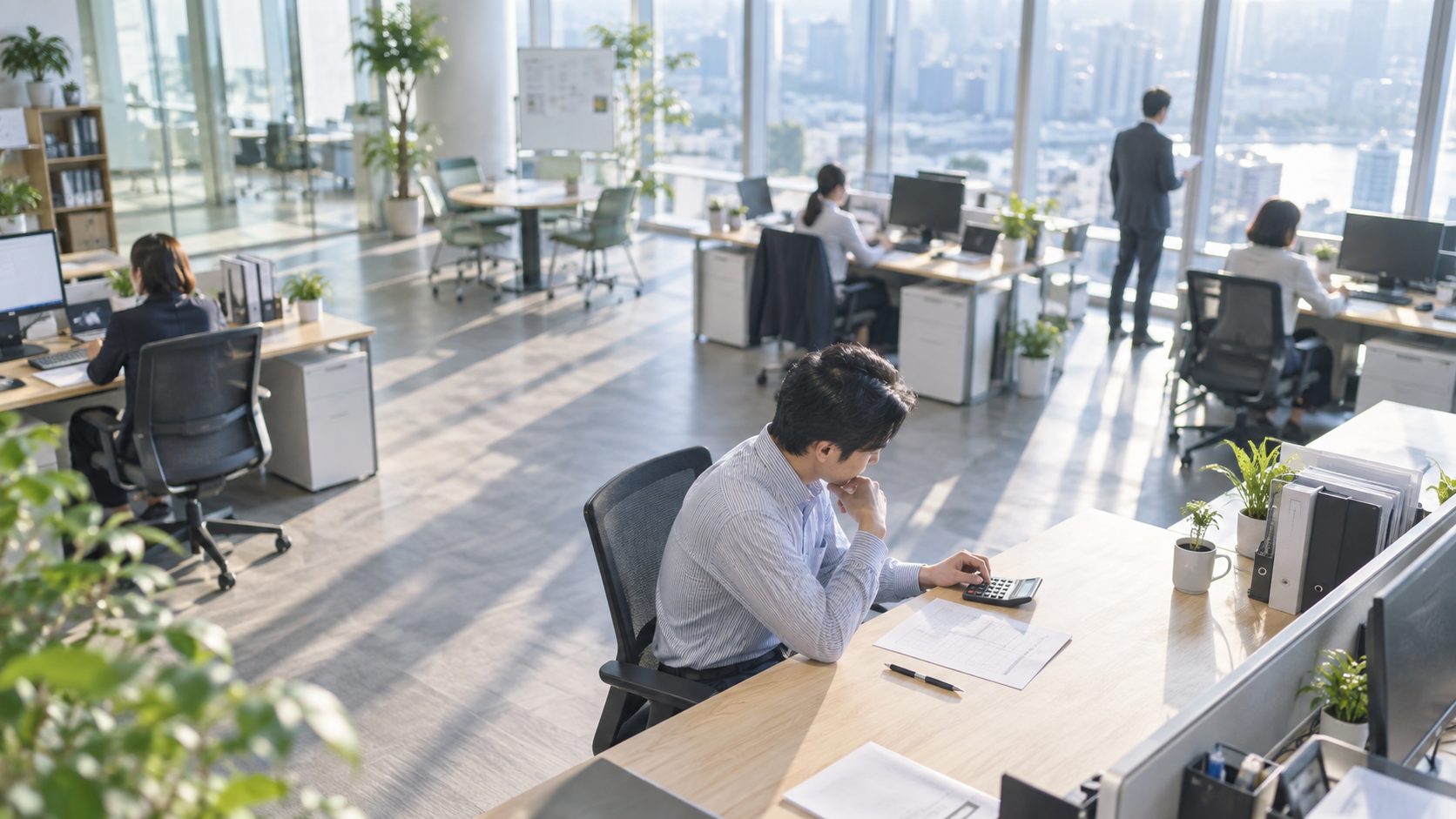 30代後半の日本人男性が見積書の照合をしている場面