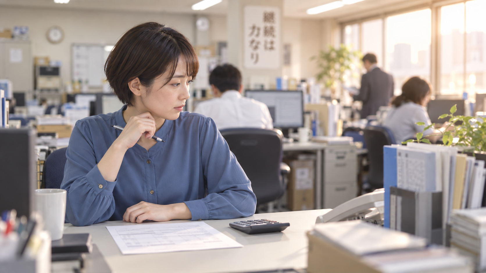 30代前半の日本人女性が見積書の照合をしている場面