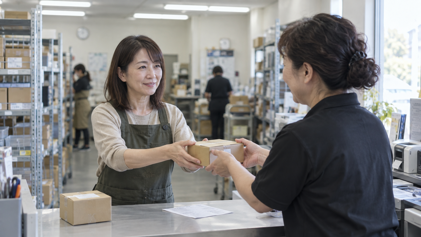 40代後半の日本人女性が商品の受け渡しをしている場面