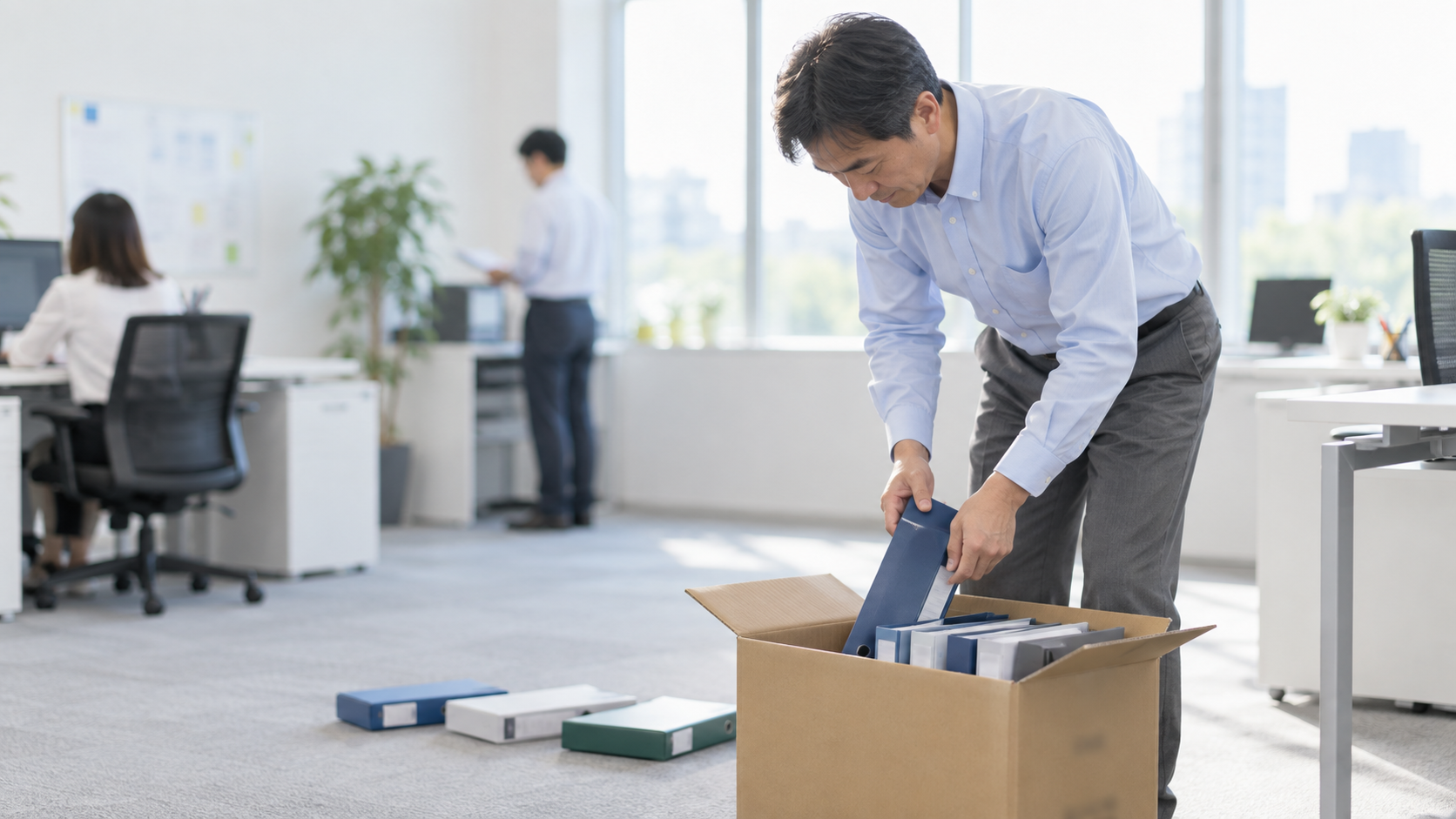 40代後半の日本人男性が年度末の書類整理をしている場面