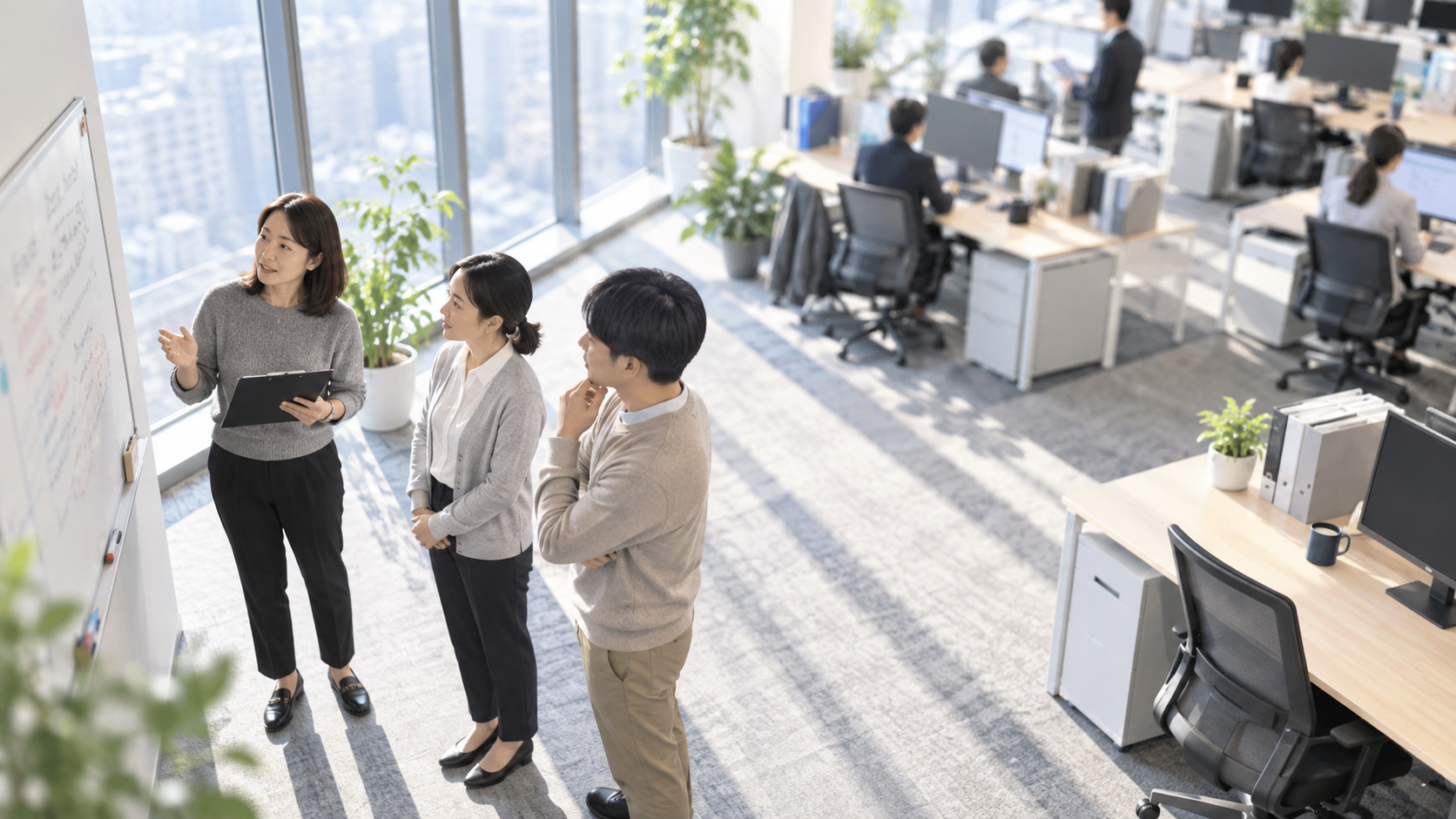 40代後半の日本人女性が朝礼での連絡をしている場面