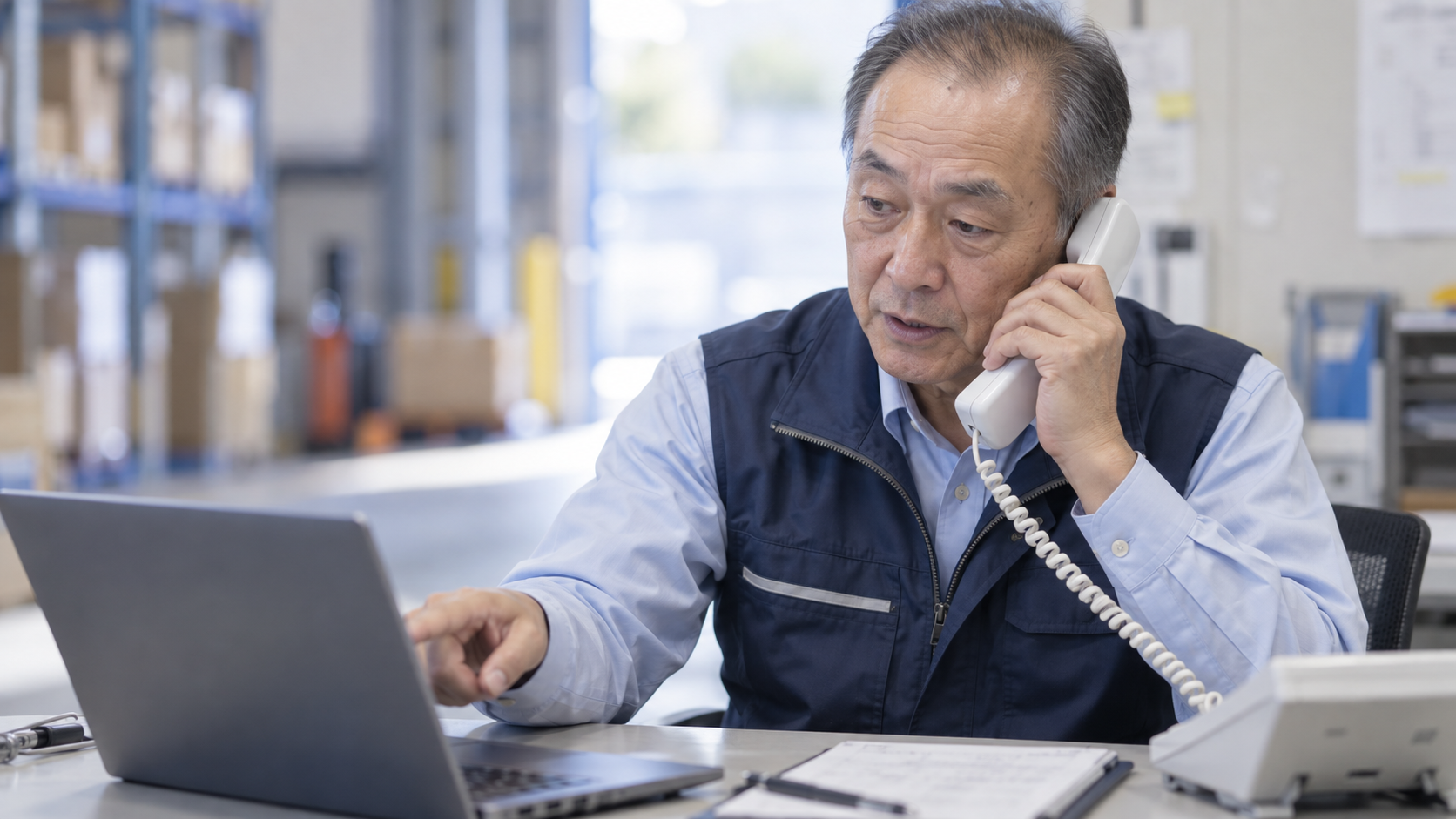 60代前半の日本人男性が倉庫事務所での受注対応をしている場面