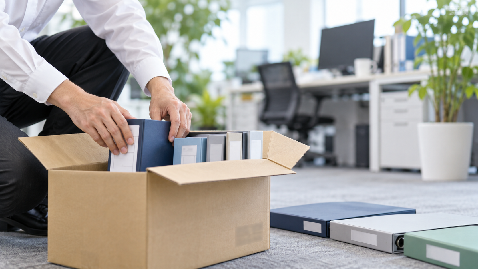 40代前半の日本人男性が年度末の書類整理をしている場面