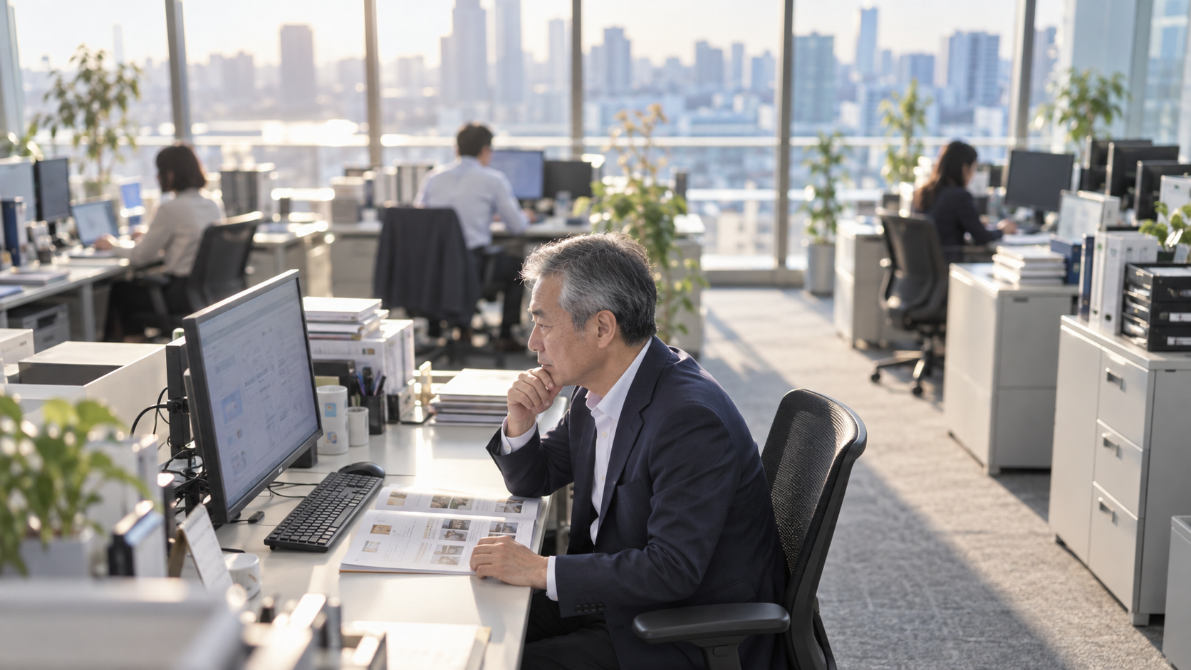 50代後半の日本人男性が発注画面の操作をしている場面