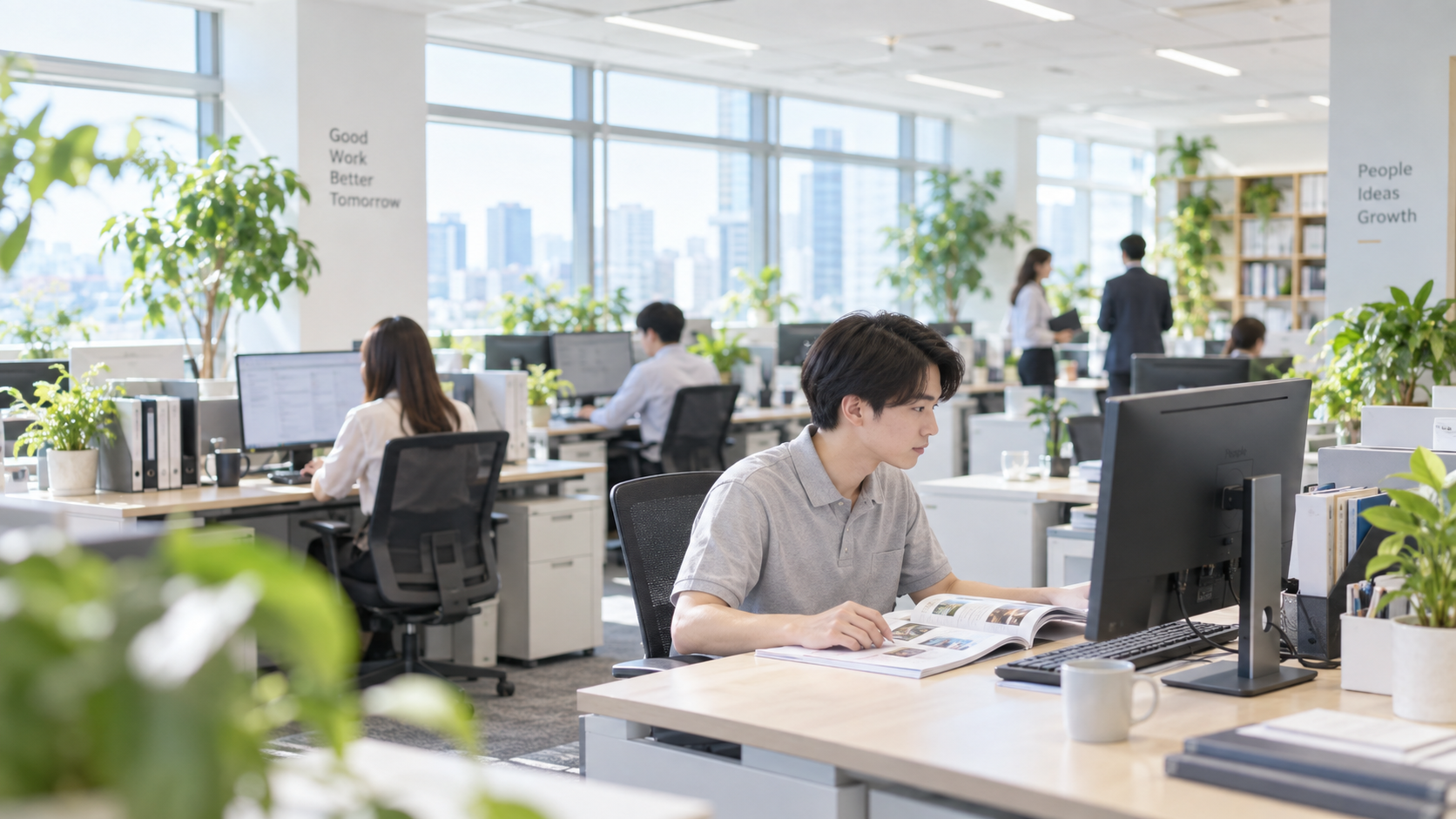 20代前半の日本人男性が発注画面の操作をしている場面