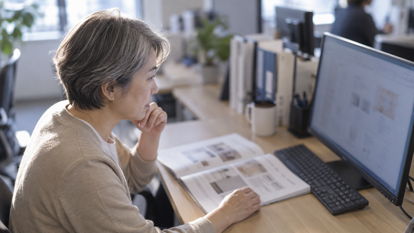 50代前半の日本人女性が発注画面の操作をしている場面