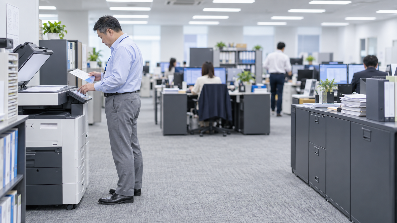 40代前半の日本人男性がFAXの送信をしている場面