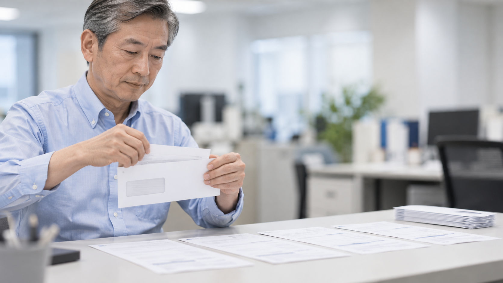 50代前半の日本人男性が請求書の封入をしている場面