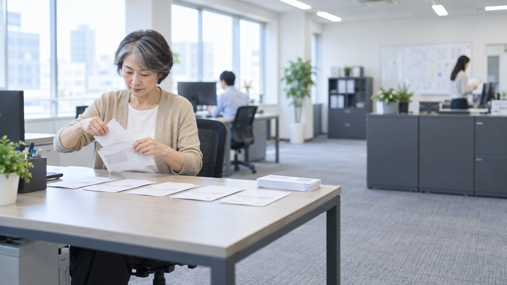 50代前半の日本人女性が請求書の封入をしている場面