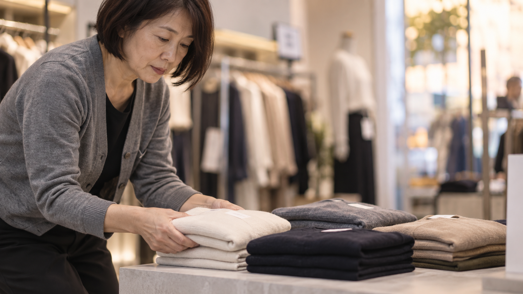 50代前半の日本人女性が畳み直しと陳列整理をしている場面